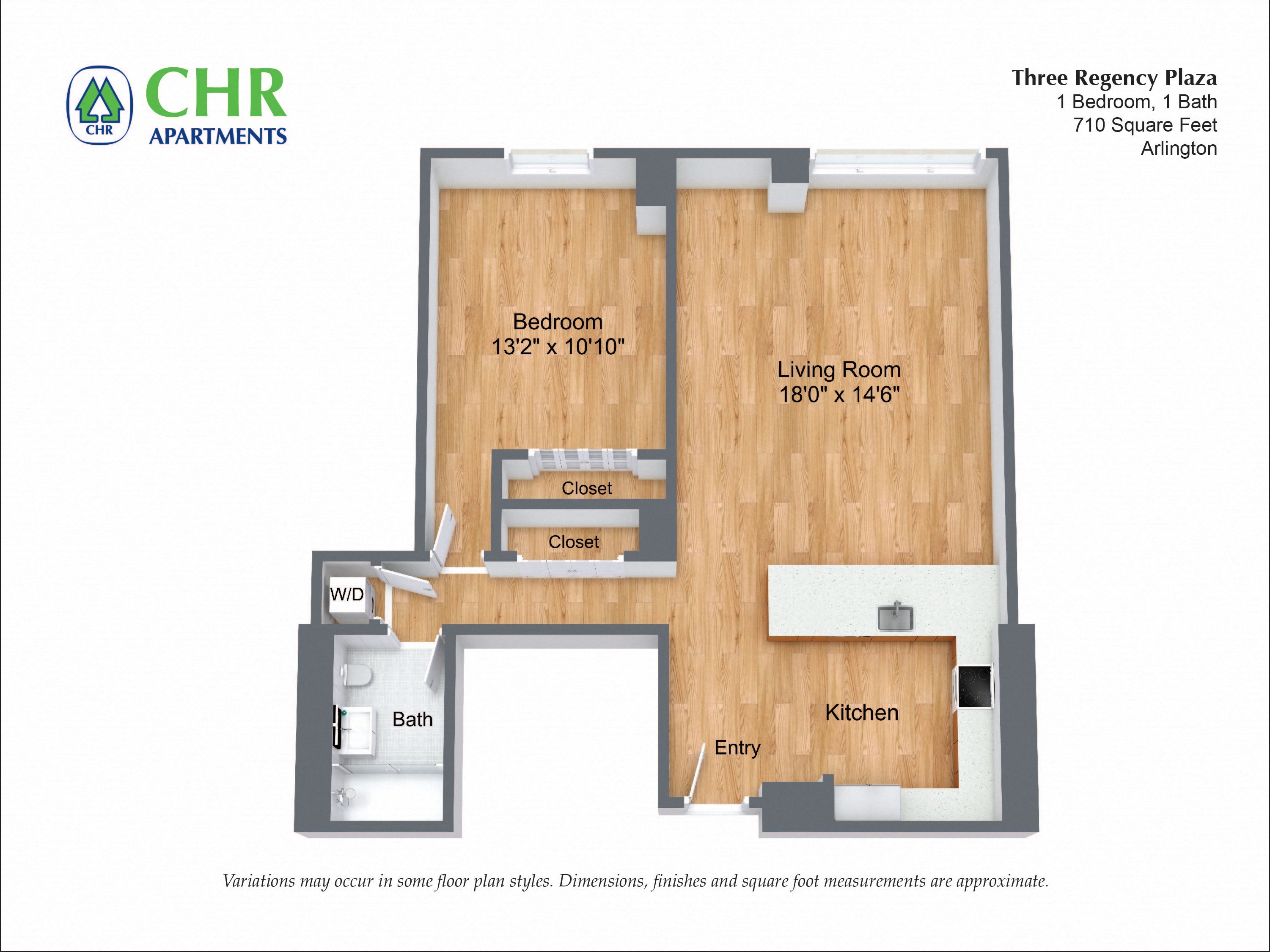 Floor plan for 1 bed, 1 bath, 750 sqft